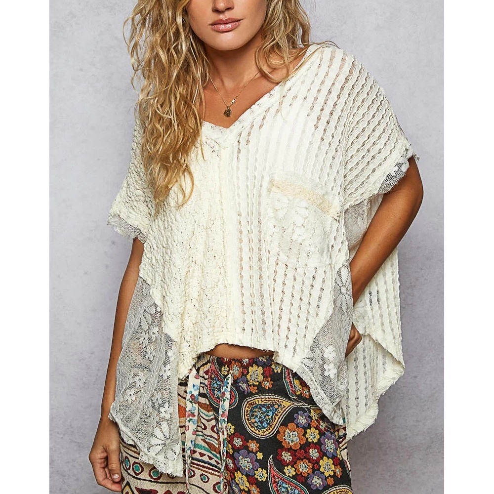 POL  Asymmetrical Lace Patchwork Boho V-Neck High Low Top SS Sheer Cream Large